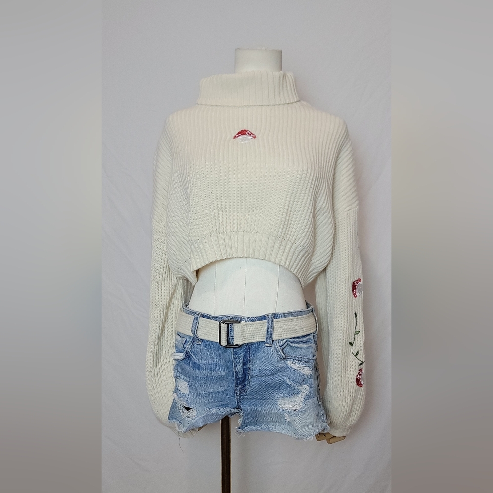 Romwe Fairycore Mushroom Embroidery Turtleneck Sweater, Size 8/10 (L)